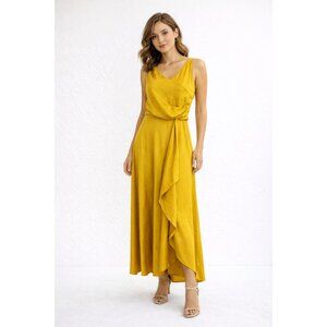 Just Taylor Mustard Yellow Maxi Dress Size 2 Asymmetrical Draped Elegant